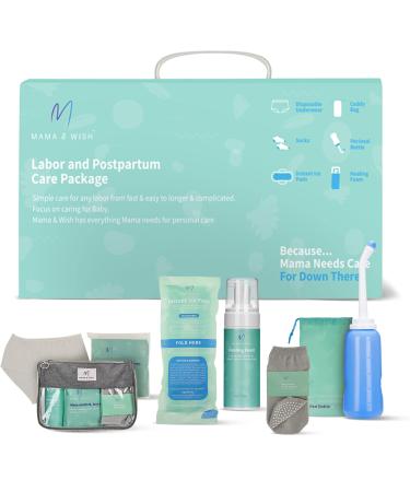 Mama & Wish Postpartum Essentials Kit for Mom - Post Partum Recovery Kit for Labor and Delivery with Hospital Essentials for Women After Birth - Includes Peri Bottle, Witch Hazel Comfy Garments & More 12 Piece Set