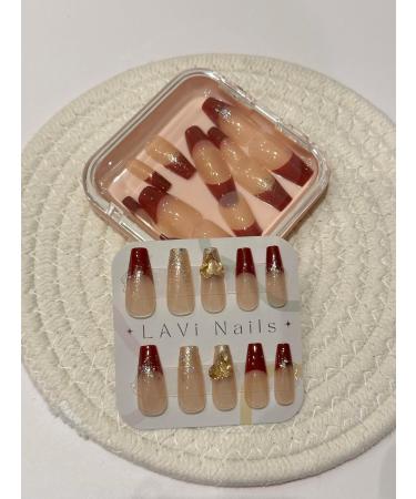 Long Squoval French Red Glitter with Heart Rhinestones Fake Press On Nail Set - Buy Online on GoSupps.com