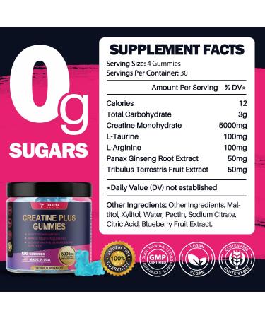 Creatine Monohydrate Gummies 5000mg - Sugar Free Vegan Pre-Workout Supplement for Muscle Strength & Energy Boost - 120 Count Blueberry Flavor - Buy Online on GoSupps.com