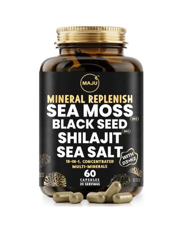 Maju Superfoods 18-in-1 Sea Moss Black Seed Shilajit Sea Salt + D3 & K2 Concentrated Extracts Trace Multi Mineral Capsules for Men & Women Mineral Electrolytes Supplements Mineral Replenish Capsules 60 Count (Pack of 1)