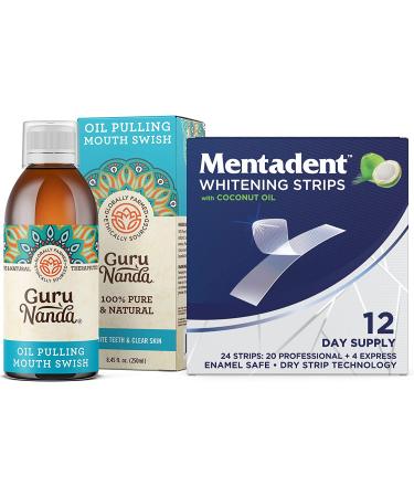GuruNanda Original Oil Pulling Oil, Fluoride Free Vegan Natural Mouthwash & Mentadent Gentle Teeth Whitening Strips with Coconut Oil for Sensitive Teeth & Gums - 24 Pack (12 Day Supply)