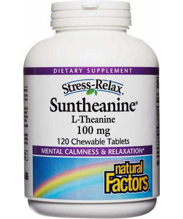 Natural Factors Suntheanine L-Theanine 100 mg - Health Supplement for Calm Outlook - L-Theanine Supplement Supports Relaxing Sleep & Aids Against Drowsiness - 120 Chewable Tablets (60 Servings) Fruit Flavor 120 Count (Pack