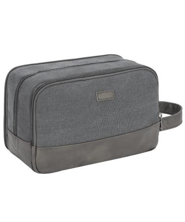 WANDF Travel Toiletry Bag for Men Hanging Dopp Kit Canvas Toiletry Organizer Water-Resistant Vegan Leather Shaving Bag for Toiletries Accessories (Grey)