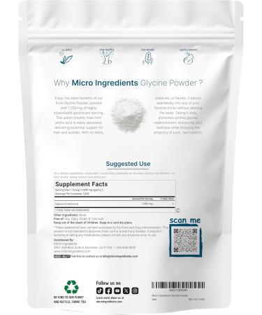Micro Ingredients Glycine Powder 1KG - Supports Restful Sleep & Neurotransmitter - 1000mg Per Serving - Water Soluble - USA Made - Buy Online on GoSupps.com