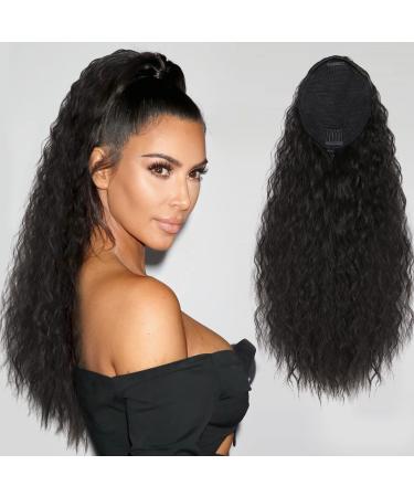 Vigorous Long Curly Drawstring Ponytail for Women Clip in Ponytail Extension 22Inch Black Ponytail Hairpieces(1B)