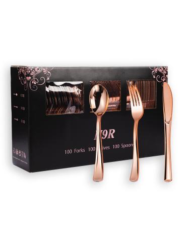 N9R 300PCS Rose Gold Plastic Silverware Heavy Duty Plastic Cutlery Set Disposable Rose Gold Utensils Include 100 Forks 100 Spoons 100 Knives. Perfect for Party Decorations. Rose gold-300Pack