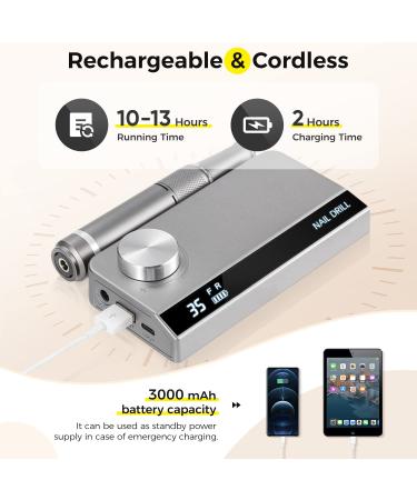 Portable Nail Drill 35000 RPM Rechargeable Electric E File Machine for Acrylic Nails - Grey | Cordless Nail Drill for Home Salon - Buy Online on GoSupps.com