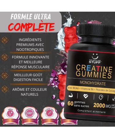 Creatine Monohydrate Gummies 2g/BCAA Pre Workout/Collagen/Vitamin B6/Bodybuilding/Sport/Fitness/Vegan/Gluten Free/Non-GMO/Sugar Free/Natural Red Fruit Flavoring/Women/Men/60 Gums Creatine/30 days - Buy Online on GoSupps.com