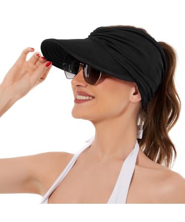 Komorebi Sun Hat for Women UV Protection Sun Visor Wide Brim Summer Beach Hat Packable Ponytail Hat 01 Black One Size