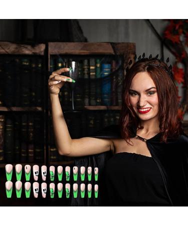 Halloween Press on Nails Halloween Press on Nails Medium Horror Ghost and Skull Halloween Fake Nails 24PCS Coffin French Tip False Nails with Gel Glue - Buy Online on GoSupps.com
