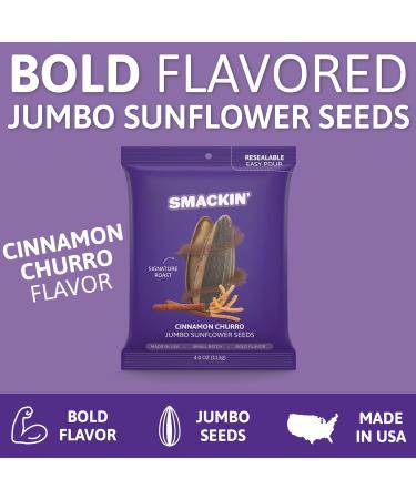 SMACKIN' Sunflower Seeds | Roasted Jumbo Sunflower Seeds | 4 Ounce Flavored Sunflower Seeds | Small-Batch American Made Sunflower Seeds | 12 Bags of Sunflower Seeds | Keto Snacks (Cinnamon Churro) - Buy Online on GoSupps.com