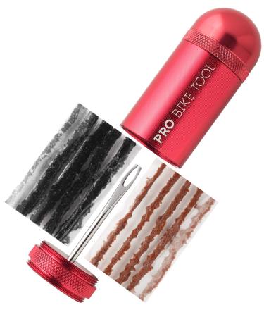 PRO BIKE TOOL Tubeless Bike Tire Repair Kit  for MTB and Road Bicycle Tires  Fix a Puncture or Flat, Fast  Tackle Set Includes Storage Canister, Plugger Tool and Plugs - 5 Bacon and 5 Black Strips Red