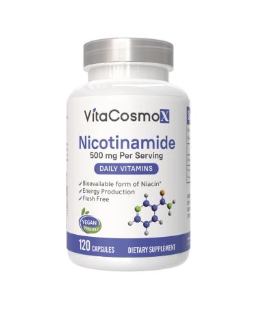 VitaCosmoX Nicotinamide 500mg Vitamin B3 120 Capsules - Non-GMO Gluten Free Flush Free