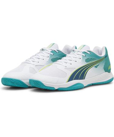 PUMA Unisex Attacourt Indoor Court Shoe - 46 EU | White Ocean Tropic Sparkling Green Lime Squeeze | International Shipping Available - Buy Online on GoSupps.com
