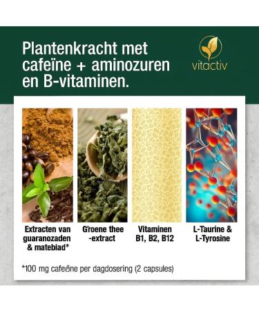 Vitactiv Natural Nutrition VITACTIV Energy Kick 90 Guarana Capsules with Matte Green Tea LTyrosine LTaurine plus B Vitamins Energy Capsules 100mg Caffeine Booster Vegan High Dose - Buy Online on GoSupps.com
