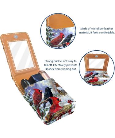 Leather Lipstick Case Organizer with Mirror - Mini Lipstick Holder Bag | Winter Red Bird Design - Buy Online on GoSupps.com
