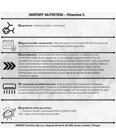 Vitamine C Poudre Pure INSPORT Acide L-Ascorbique 1000 mg par Portion Immunit Antioxydant Fatigue 30 Portions - Buy Online on GoSupps.com