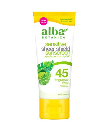 Alba Botanica Sensitive Sheer Shield Suncreen SPF 45, Fragrance Free, 3 Ounce (Packaging May Vary) Sensitive Fragrance Free (SPF 45)