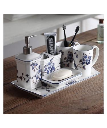 Soap Dispenser Blue Floral Pattern 6-Piece Ceramic Soap Dispenser Set with Tray Kitchen Bathroom Hotel Accessories for Bathroom Kitchen Home Bathroom Countertop Soap Dispensers