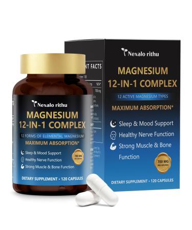 Magnesium 12 in 1 Complex 700mg High Absorption 12 in 1 Magnesium Complex with Glycinate Citrate Malate Taurate & More Supports Calm Sleep Muscle Heart & Nerve Health 120 Vegan Capsules