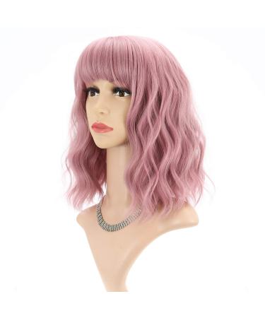 FAELBATY short Wave Pink Bob Wigs With Bangs Shoulder Length Women's Short Wig Curly Wavy Synthetic Cosplay Wig Pastel Wig for Girl Costume Wigs pink Wig