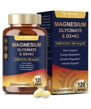 9-in-1 Magnesium Glycinate 500mg + Vitamin D3 5000 IU & K2 Complex - High Absorption - Healthy Stress Sleep Muscle Function Bone Health & Energy Supports | Non-GMO Gluten-Free 120 Softgels 120 Count (Pack of 1)