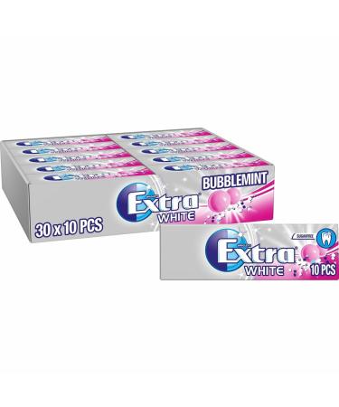 Wrigley's Extra White Bubblemint Sugarfree Chewing Gum Bubblemint Flavour With Xylitol Oral Hygiene for Healthy Teeth & Gums 30 x 10 Packs