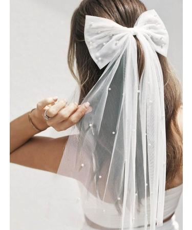 Vakkery Bride Pearl Bow Hair Clip Long Tulle Hair Bow Veil Wedding Bachelorette Party Decoration Bridal Shower Headpiece Hair Accessories for Women and Girls - Buy Online on GoSupps.com