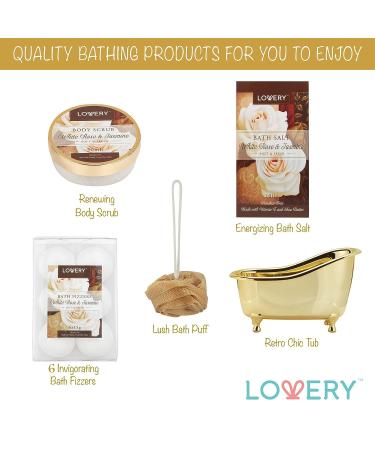 Fathers Day Luxury Home Spa Gift Basket - White Rose & Jasmine Scent - 13 Piece Bath & Body Set for Men & Women - Shower Gel, Bubble Bath, Body Scrub, Salts, 6 Bath Bombs, Pouf, Cosmetic Bag & Gold Tub - Buy Online on GoSupps.com