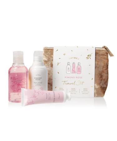 Thymes Travel Set and Beauty Bag - Contains Body Wash Body Lotion & Hand Cream - Kimono Rose