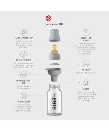 BIBS Glass Baby Bottle - Anti-Colic, Natural Rubber Nipple - 110 ml Cloud Set - Buy Online on GoSupps.com