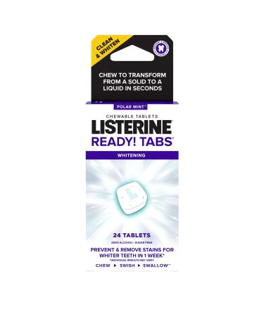 Listerine Ready! Tabs Whitening Chewable Tablets with Polar Mint Flavor to Help Fight Bad Breath, Gently Whiten Teeth & Kill Bad Breath Germs On the Go, Sugar-Free, Gluten-Free, 24 ct Clean Mint