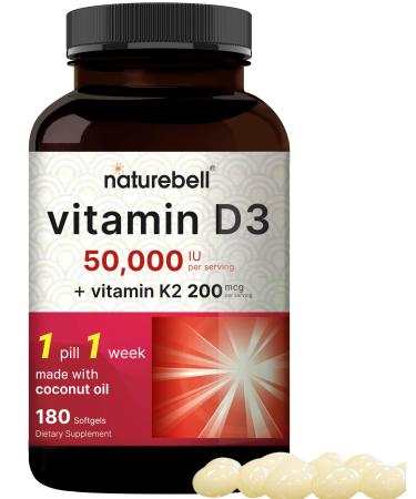 NatureBell Vitamin D3 50 000 IU + K2 200 mcg 180 Softgels | Once-Weekly Formula with Coconut Oil | Max Strength Bone Heart & Immune Support | MK-7 Form | Non-GMO 180 Count (Pack of 1)