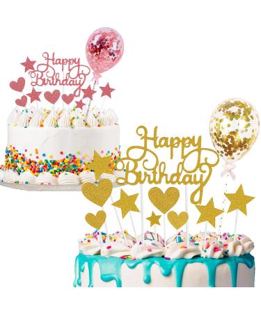 2 Pcs Happy Birthday Cake Toppers Personalised Rose Gold Cake Decorations Balloon Cake Topper Stars Heart Birthday Cake Decorations for Girls Boy Women Men (Pink/Gold)
