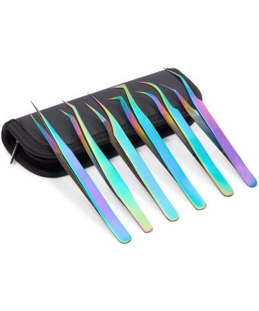 Okuna Outpost 6 Eyelash Extension Precision Tweezers with 1 Storage Case (Rainbow, 7 Pieces)