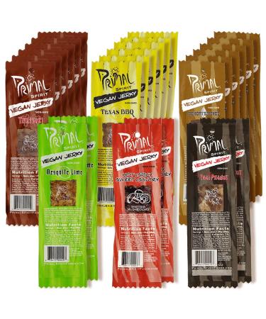 Primal Spirit Vegan Jerky - Most Popular Flavors Pack, 10 g. Plant Based Protein, ("The Classics" 6 Teriyaki, 6 Hickory Smoked, 6 Texas BBQ, 2 Thai Peanut, 2 Hot & Spicy, 2 Mesquite Lime 24-Pack, 1 oz 1 Ounce (Pack of 24)