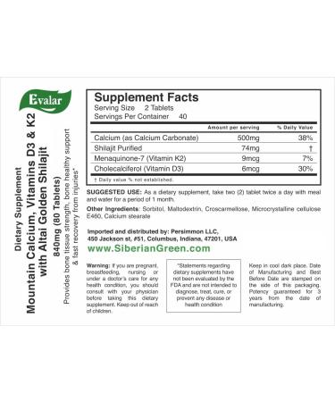 Evalar Mountain Calcium with Siberian Herbs & Shilajit Golden 80 Tabs - Premium Vitamin Supplement - Buy Online on GoSupps.com