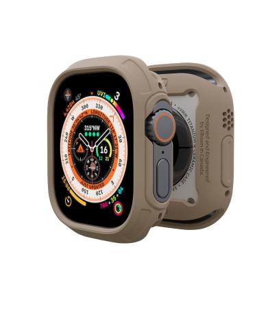 elkson Compatible with Apple Watch Ultra Bumper Case 49mm Screen Protector Tempered Glass Quattro Max Series Rugged for iWatch Military Grade Durable Protective Cover Flexible Shock Proof Tan Desert Tan 49mm