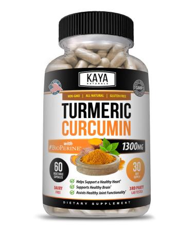 Kaya Naturals Turmeric Platinum 60 Count Capsules Bioperine Premium Pain Relief & Joint Support with 95% Standardized Curcuminoids - 60 Capsules