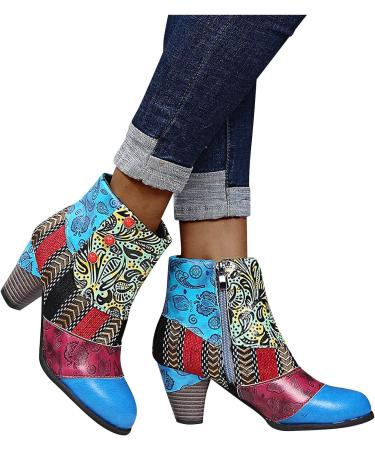 Caixunkun Women's Retro Ankle Boots - Comfort High Heel Leather Shoes for Autumn Winter - Size 38.5 EU - Blue - Buy Online on GoSupps.com