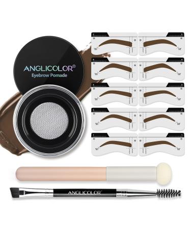 Anglicolor 3 Colors Eyebrow pomade and Stencil kit Eyebrow gel and stencil kit Brow Pomade Double ended Eyebrow Brush and Sponge Applicator(05 DARK BROWN Set)