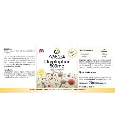 L-Tryptophan 500mg - 100 capsules - Vegan | Warnke Vitalstoffe - Quality from German pharmacies - Buy Online on GoSupps.com