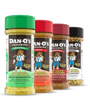 Dan-O's Seasoning 3.5 oz Dantastic 4 Bundle - 4 Pack (Original, Spicy, Chipotle, & Crunchy) | Sugar-Free | Low Sodium Seasoning