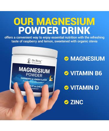 Dr. Berg Magnesium Glycinate Powder for Sleep Relaxation & Stress Relief - Now Includes Vitamin D3 & Zinc - Delicious Raspberry & Lemon Flavor (50 Servings) Magnesium Powder - Magnesium Drink Powder Raspberry Lemon 8.47 O  - Buy Online on GoSupps.com