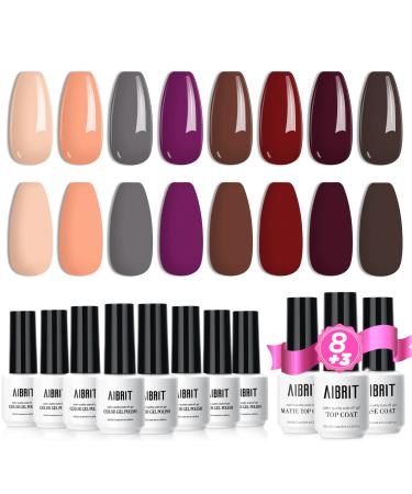 AIBRIT Gel Nail Polish 11Pack, 8 Colors Gel Polish and 3Pcs Base Coat, No Wipe Glossy Shiny & Matte Top Coat, Soak-off Curing Nail Polish for Women, All-Season Manicure Nail Art at Home,Purple, Vintage Red, Dark Brown, Gra…