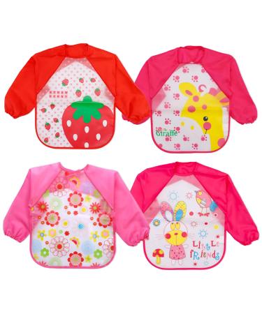 FILOWA Bibs with Sleeves 4PCS Baby Feeding Bibs Long Sleeve Waterproof Coverall Weaning Plastic EVA Painting Aprons Smock Bib for Infant Toddlers Girls 6-36 Months Pink/Red