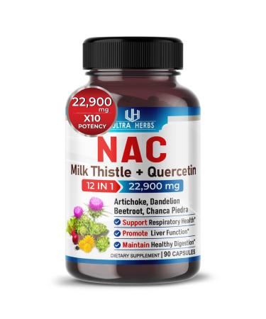 ULTRA HERBS Supper NAC (N-Acetyl-L-Cysteine) 20 900mg with Quercetin Milk Thistle - Support Liver & Lung Health *USA Made & Tested* (90 Count (Pack of 1))