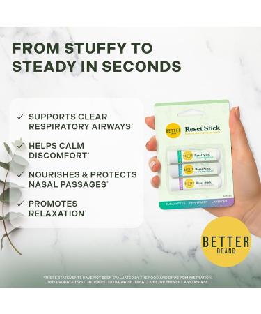 Betterbrand Reset Stick Trio Natural Nasal Inhaler for Congestion Relief, Peppermint, Eucalyptus & Lavender Aromatherapy, Non-Medicated, Travel-Friendly Sinus Support - Pack of 3 - Buy Online on GoSupps.com