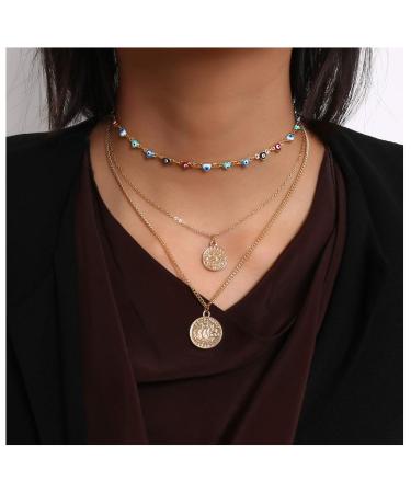 Kercisbeauty Evil Eyes Necklace Gold Coin Necklace for Women Ladies Girls Layered Necklace for Party Boho Jewelry