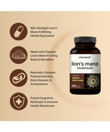 Lions Mane Mushroom Supplement Capsules 9,000mg 240 Capsules | 120 Days Supply Made with Organic Lion s Mane Powder Extract Cognitive Brain Nootropic & Immune Health Support Non-GMO - Buy Online on GoSupps.com